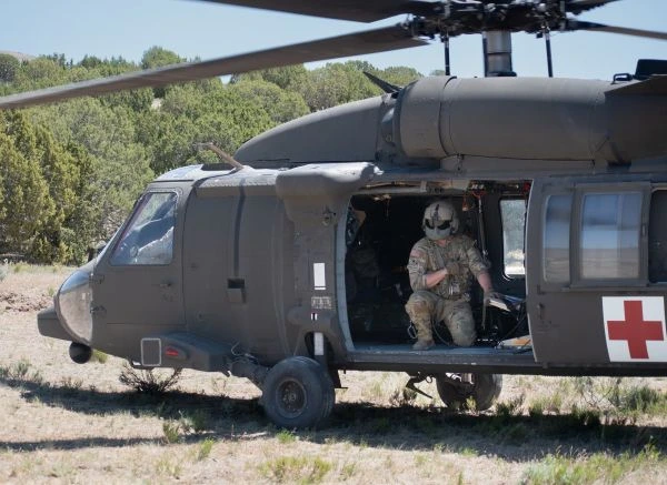 A military medical helicopter on the ground