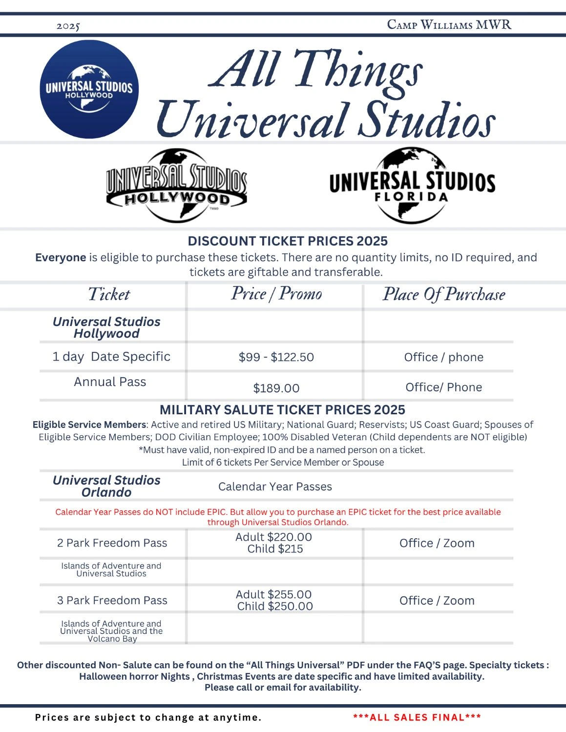 Image of all things Universal Studios prices