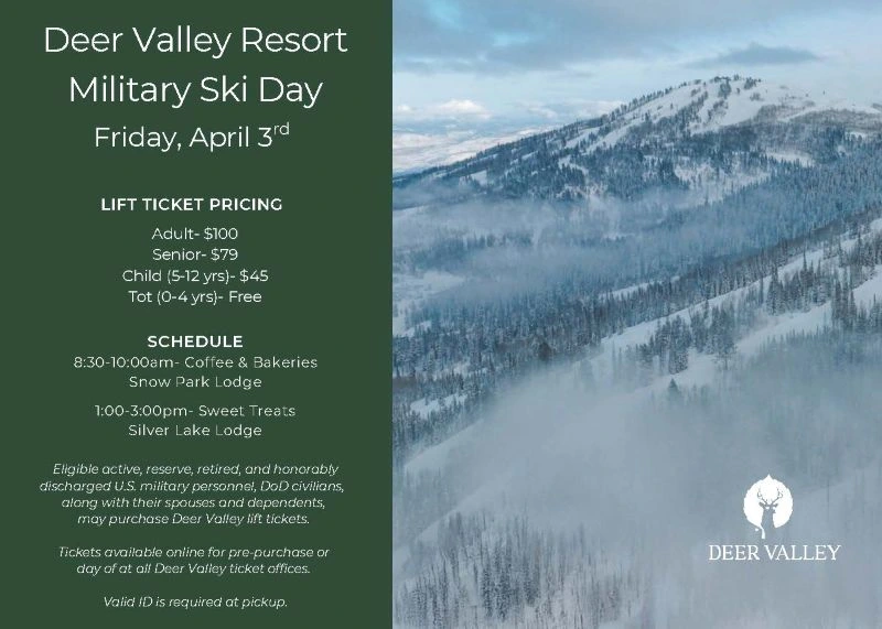 Deer Valley Military Ski Day on April 3rd