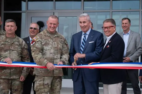 A group of dignitaries cut the ribbon, unveiling the 96th Infantry Division “Deadeyes” Memorial U.S. Army Reserve Center at Camp Williams, Utah, Aug. 8, 2026