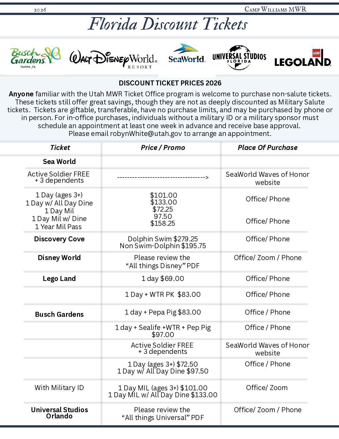 Florida Discount ticket pricing list