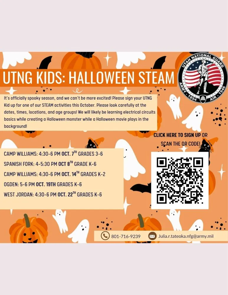 UTNG Kids: Halloween STEAM activity flyers with dates, times, and ages