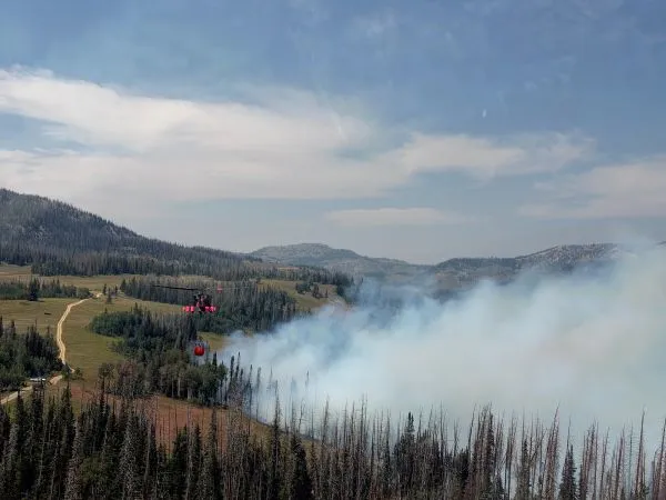 A helicopter flies in a smoky canyon carrying a bucket of water
