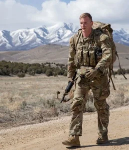 Soldier walking a dirt path