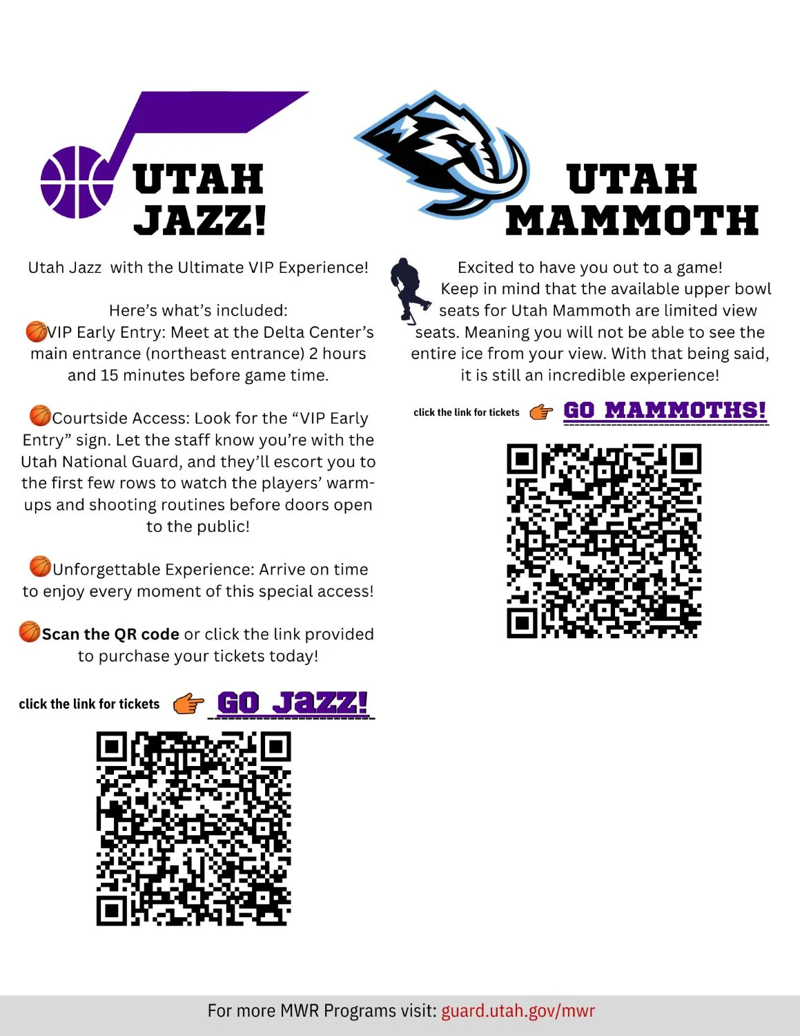 Jazz & Mammoth games discounts for Utah National Guard