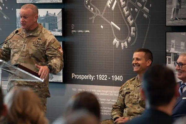 Lt. Gen Robert D. Harter, chief of Army Reserve and commanding general, U.S. Army Reserve Command, addresses the audience during the ribbon cutting ceremony for new Army Reserve Center