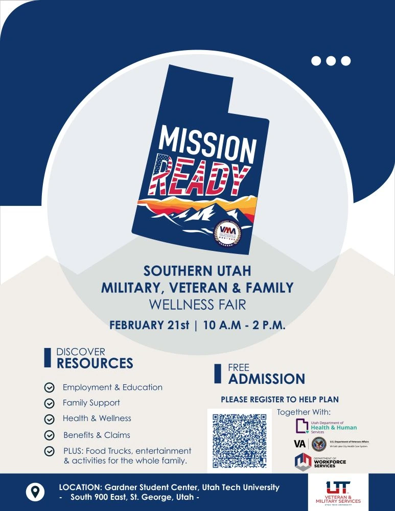 Flyer for the Southern Utah wellness fair, showing a photo of an outline of the State of Utah filled in with a dark blue and the words Mission Ready inside of it