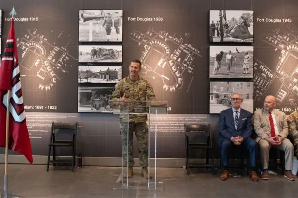 Brig. Gen. Michael D. Kjar, the Commander of the Utah National Guard, addresses audience members at the grand opening ceremony for the Army Reserve Center