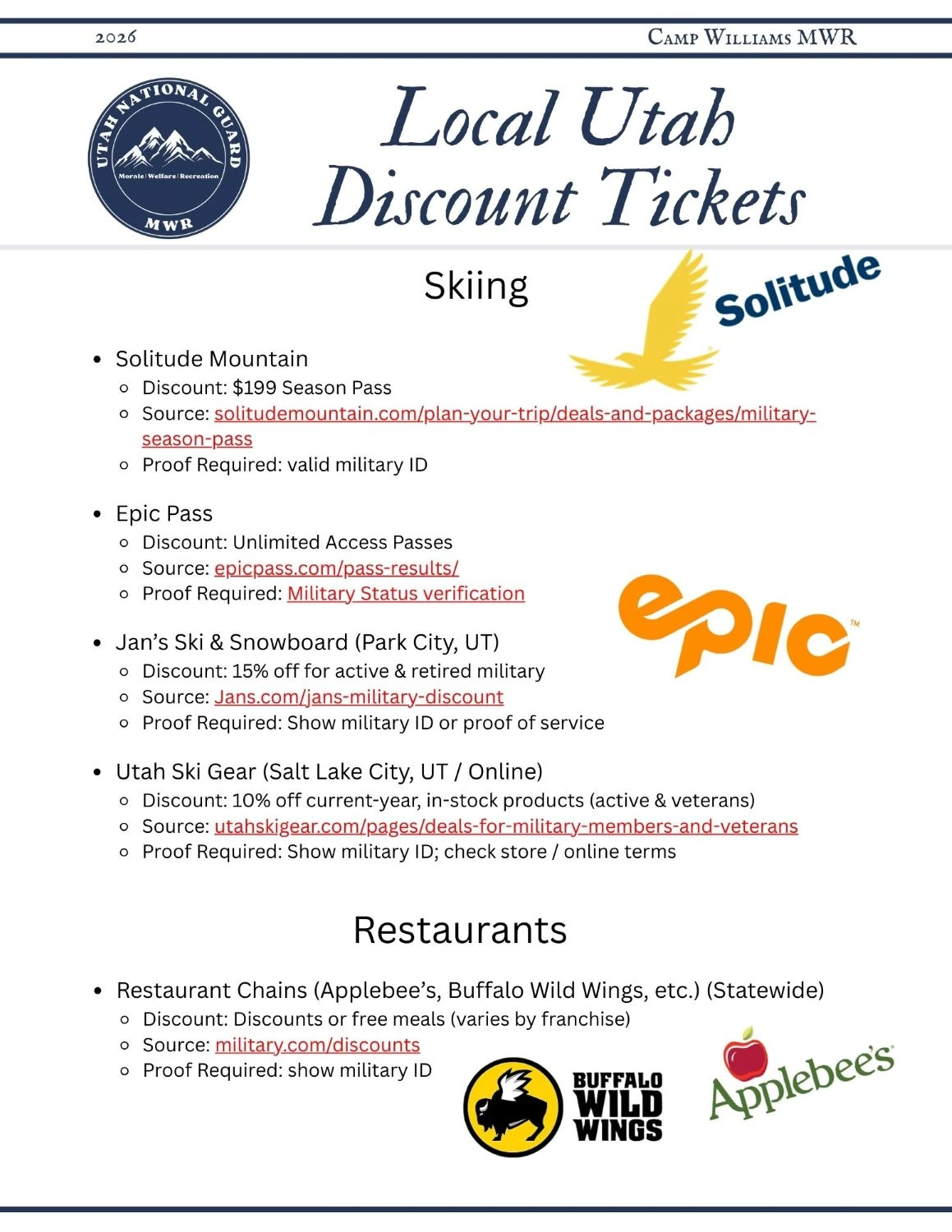 Skiing and Restaurants local military discounts page